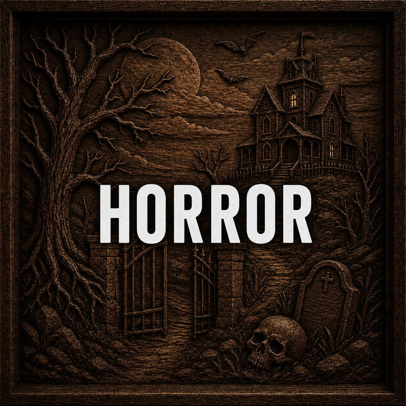 A dark, eerie illustration of a haunted house on a hill, a twisted tree, bats, a grave, and a skull, with the word HORROR in bold white letters across the center.