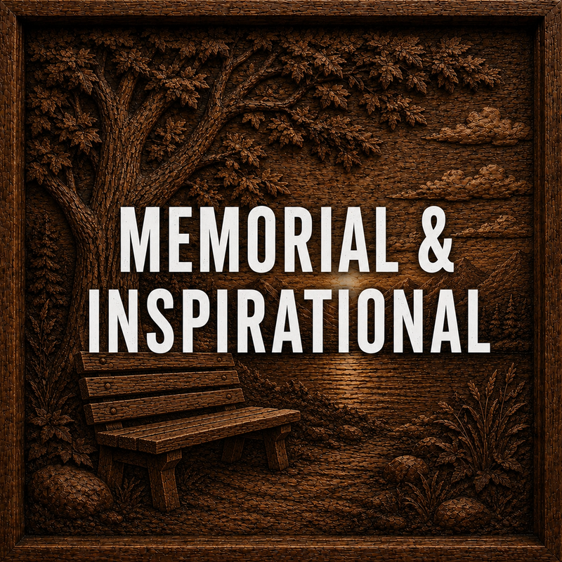 A wooden-carved scene of a bench under a tree with the sun in the background, overlaid with bold white text reading MEMORIAL & INSPIRATIONAL.