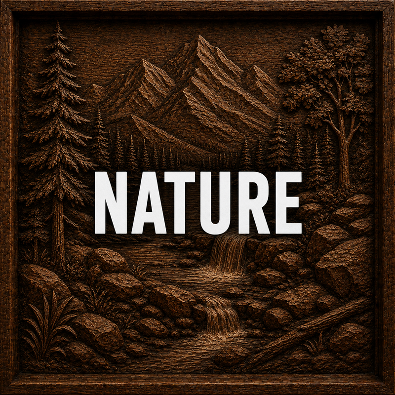 A wooden carving depicts mountains, trees, a waterfall, and rocks in nature, with the word “NATURE” in bold white letters overlaid in the center.