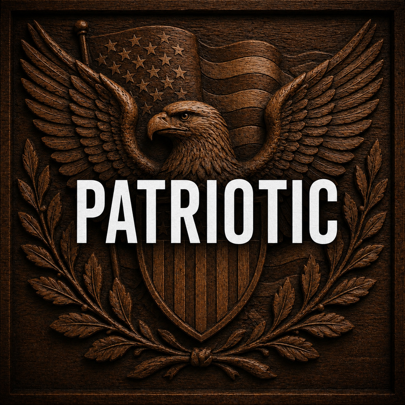 A carved wooden emblem of a bald eagle with spread wings, an American flag, and laurel branches, with the word PATRIOTIC in bold white letters across the center.