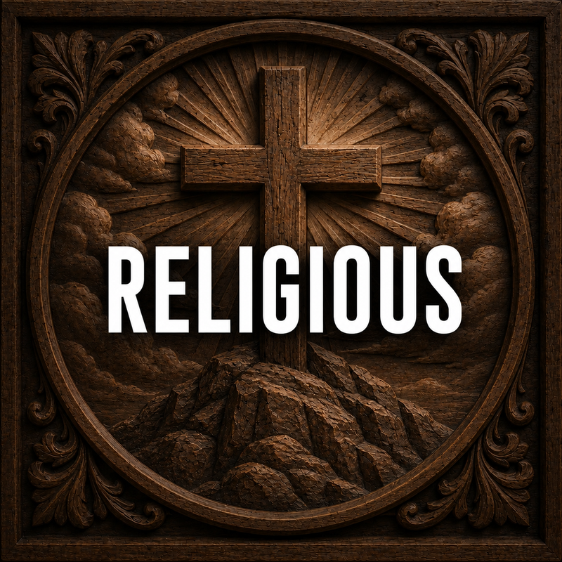 A wooden cross stands on a rocky hill with rays of light and clouds in the background. The word RELIGIOUS is boldly written in white over the image within a decorative wooden frame.