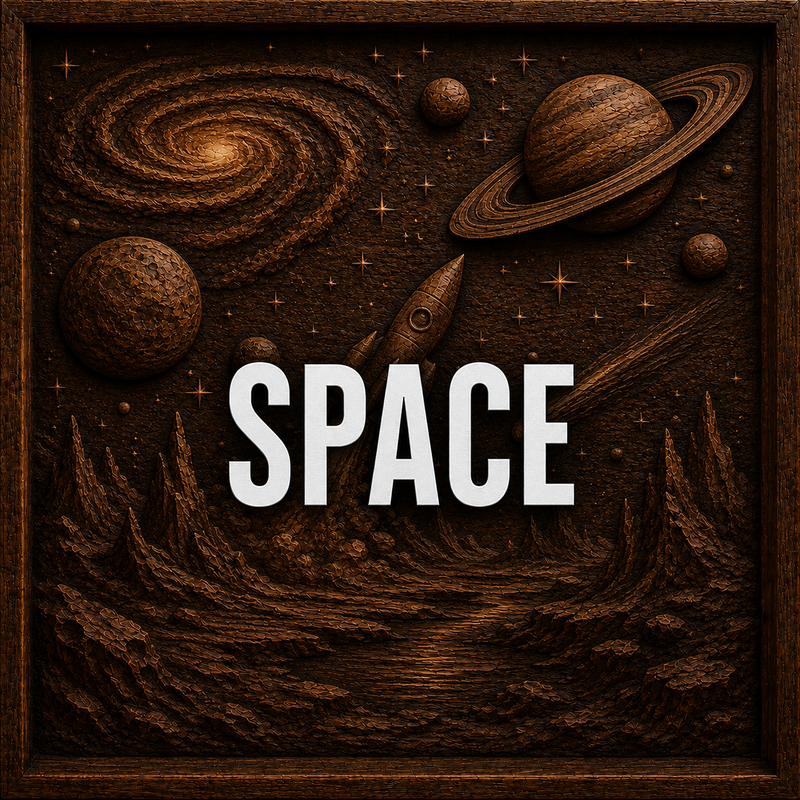 A carved wooden art piece shows planets, a rocket, stars, and a galaxy in space, above a textured landscape. The word SPACE is boldly centered in white letters.