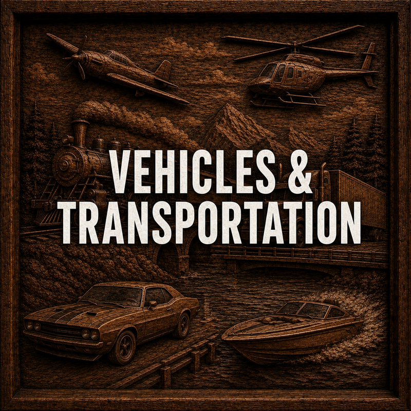 A wooden relief artwork featuring a car, boat, airplane, helicopter, train, and truck, with VEHICLES & TRANSPORTATION in bold white letters in the center.
