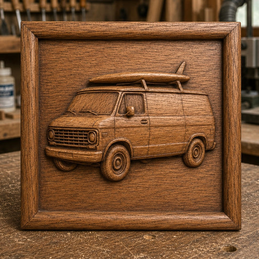 Presenting the Classic Surf Van Relief STL File from Form Arcade—a vintage CNC wall art design featuring a wooden relief carving of a van with a surfboard on top. This detailed woodworking project, inspired by classic surf culture, highlights the craftsmanship and artistry possible with precision CNC relief carving and is perfect for display in any woodworking shop or creative space.
