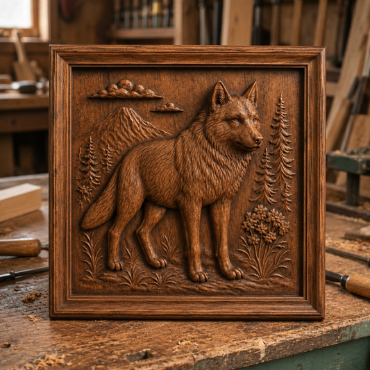 The Wolf Portrait Mountain Relief STL File by Form Arcade features a detailed wolf among trees and mountains—perfect wildlife CNC wall art to enhance your wood carving projects.