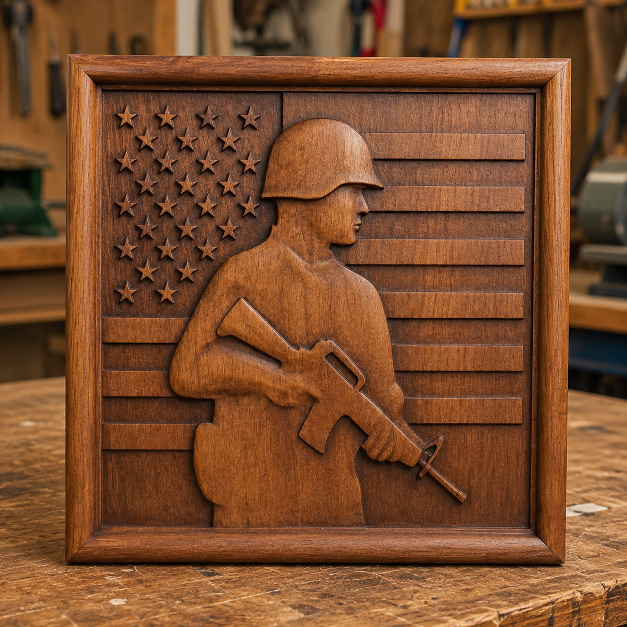 The Soldier Flag Relief STL File by Form Arcade is a military CNC wall art design featuring a U.S. flag and a soldier in a helmet holding a rifle, set within a wooden frame and displayed on a workshop workbench.