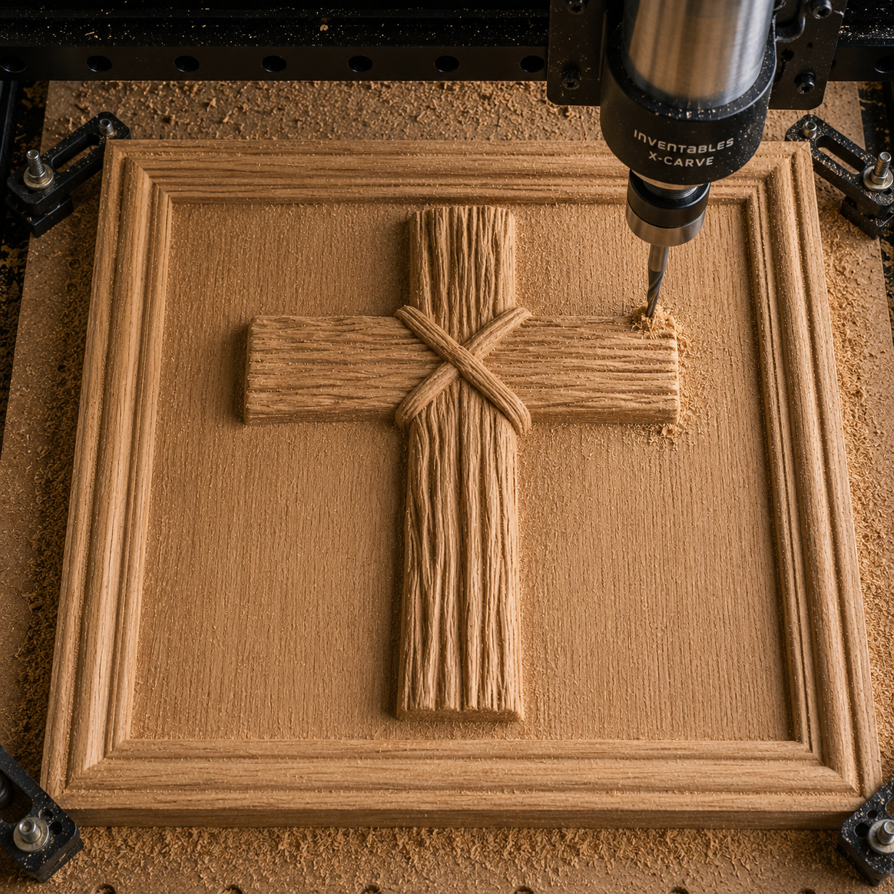 A CNC machine carves a wooden panel using the "Christian Cross CNC Relief STL File | Religious CNC Wall Art" by Form Arcade, featuring a Christian cross with a rope-like texture, surrounded by a decorative rectangular border, while wood shavings are scattered around.