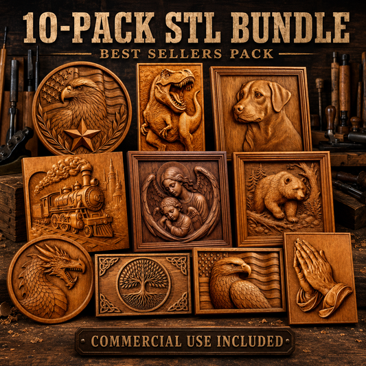 Ten intricate wooden carvings, depicting animals, a train, praying hands, a tree, and a woman’s portrait, are showcased alongside the text “Best Sellers 10-Pack Relief STL Bundle | CNC Wall Art” by Form Arcade. Ideal for CNC carving and relief designs with commercial use rights included. Tools are visible in the background.