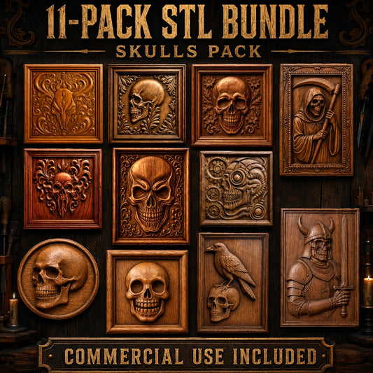 Introducing the Skull Relief 11-Pack CNC Relief STL Bundle | Gothic CNC Wall Art by Form Arcade—a collection of 11 intricately designed, wooden-style carvings showcasing skulls, a reaper, a raven, and medieval motifs artfully arranged within frames. This STL bundle is perfect for CNC relief carving and woodworking projects, ideal for commercial use.