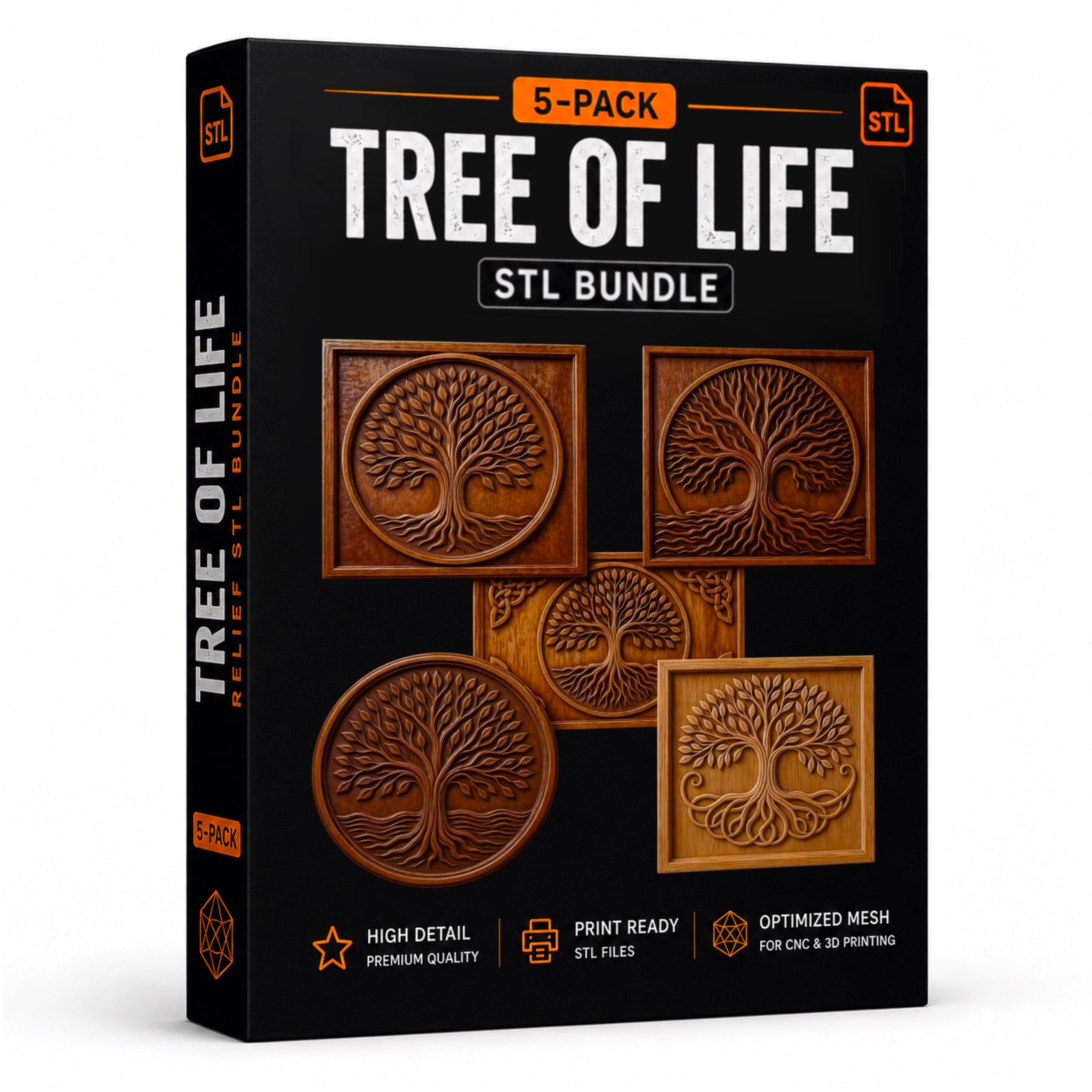 A product box labeled Form Arcade Tree of Life Relief STL Bundle 5 Designs | CNC Wall Art Collection, featuring images of five intricately detailed Tree of Life designs for 3D printing or CNC carving. Text highlights include: high detail, print-ready, optimized mesh. Ideal for creating decorative wall art or using as bas relief STL files in your next creative project.