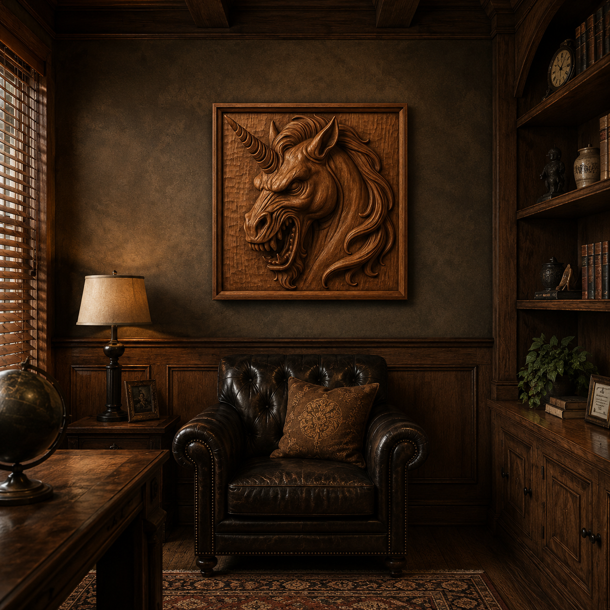 A cozy study with dark wood shelves, a leather armchair, a lamp, and a globe. Above the chair hangs the Evil Unicorn Head Relief STL File | Unicorn CNC Wall Art by Form Arcade, its intricate carved details adding a unique touch to the space.