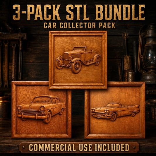 Three wooden plaques featuring intricately carved classic cars are displayed in a rustic workshop setting. Text reads: Classic Car 3-Pack CNC STL Bundle | Automotive CNC Wall Art by Form Arcade. Commercial use included. Ideal for woodworking projects and CNC relief carving.