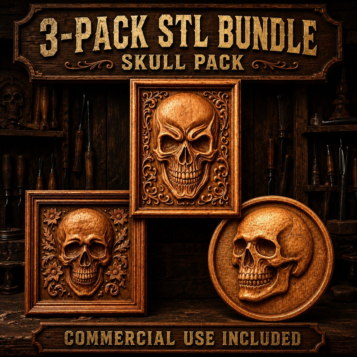 Three intricately carved wooden skull plaques—one square with floral motifs, one plain square, and one round—are showcased. Ideal for woodworking projects or CNC relief carving. Text reads: Skull Relief 3-Pack CNC STL Bundle | Gothic CNC Wall Art by Form Arcade. Commercial Use Included.