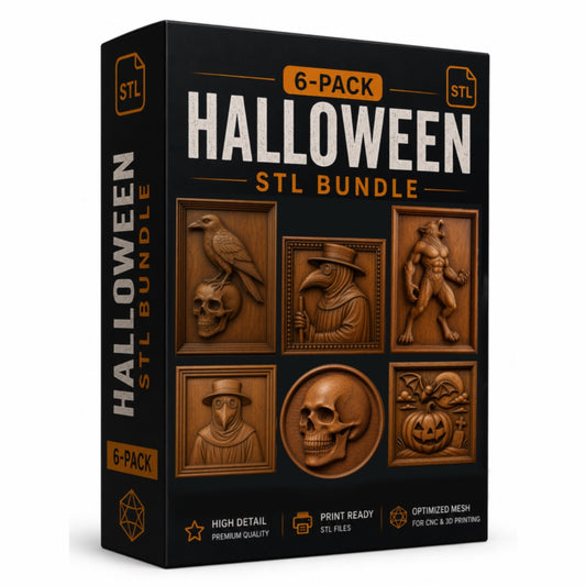 A box labeled "Halloween Relief STL 6-Pack Bundle | Halloween CNC Wall Art" from Form Arcade displays six carved Halloween-themed designs perfect for CNC relief carving and woodworking projects, including a crow, plague doctor, Frankenstein, mummy, skull, and jack-o’-lantern.