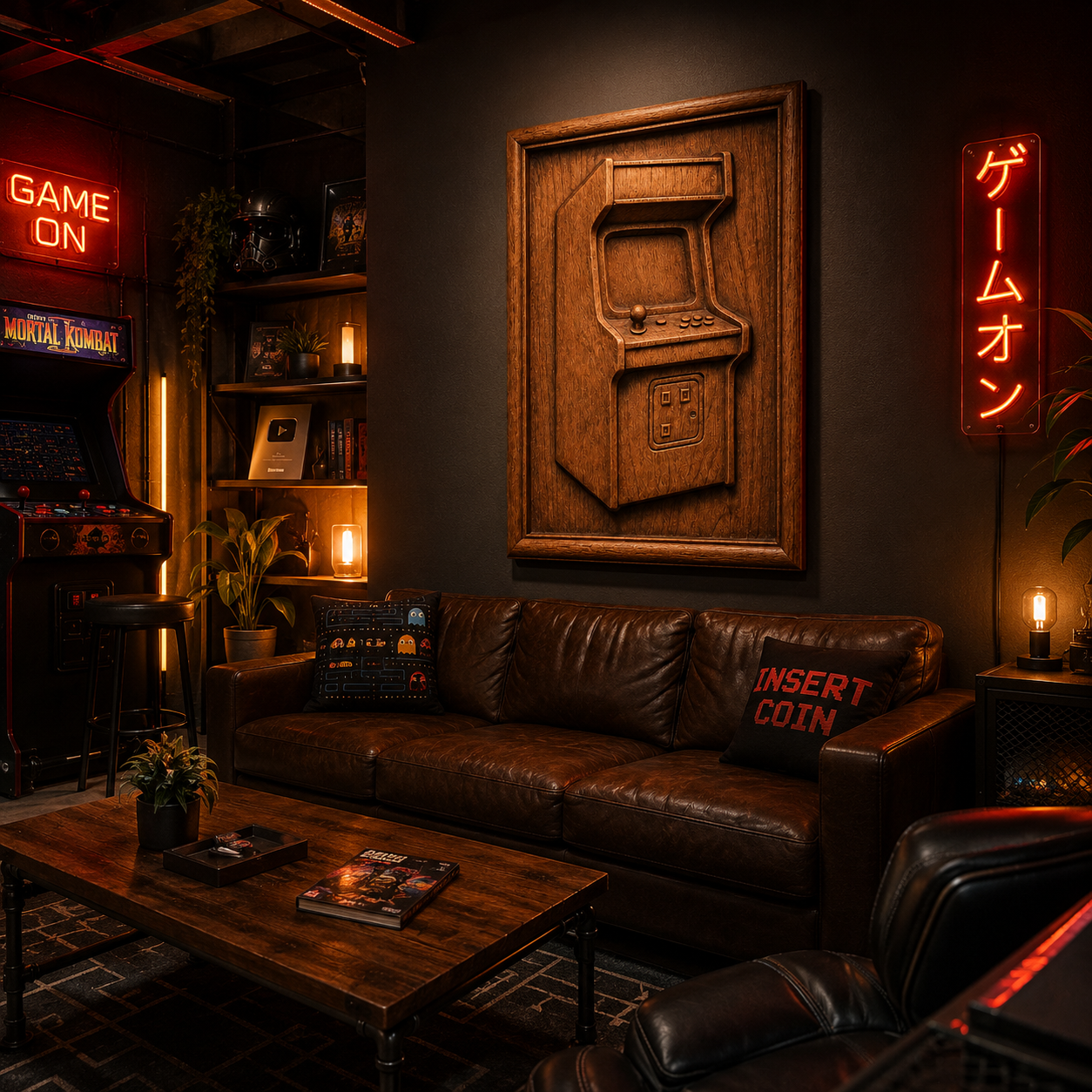 A cozy gaming room featuring a brown leather sofa, neon signs, and a vintage arcade machine, with warm lighting and shelves filled with games and decorations. The space is highlighted by the Arcade Machine Relief STL File | Retro CNC Wall Art from Form Arcade—a wooden wall art piece shaped like an arcade cabinet and crafted using CNC relief carving techniques.