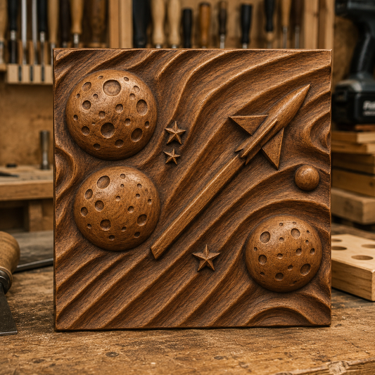 Displayed in a woodworking shop filled with tools and wood, the Rocket Planet Relief STL File | Space CNC Wall Art by Form Arcade features an intricate wooden carving of a rocket ship, stars, and planetary craters set against a wavy background. This detailed bas relief STL file is ideal for CNC relief carving enthusiasts seeking to add a unique, space-inspired element to their projects.