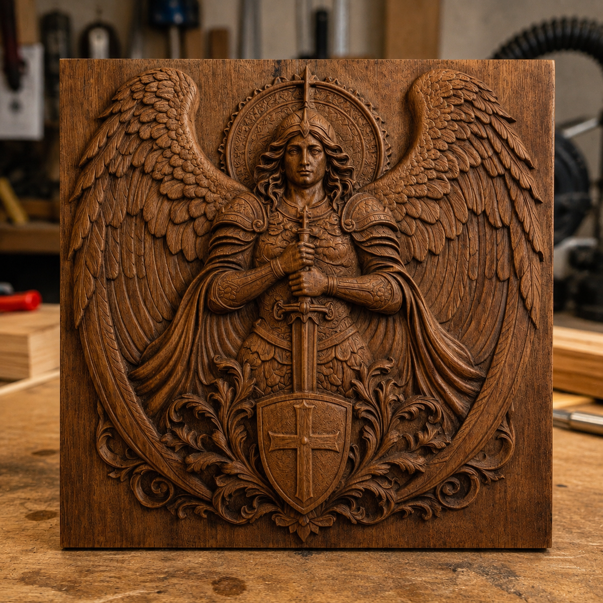 A meticulously crafted wooden carving depicting an armored angel with expansive wings, sword, and shield adorned with a cross stands upright on a workshop bench—perfectly highlighting the Archangel Guardian Relief STL File | Religious CNC Wall Art by Form Arcade. Ideal for CNC relief carving, this design creates stunning religious wall art.