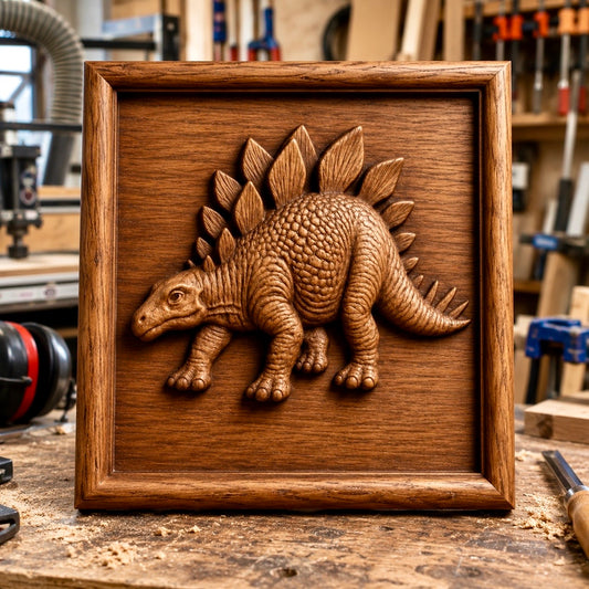 A Stegosaurus Relief STL File by Form Arcade, designed for Dinosaur CNC wall art, is displayed in a wooden frame on a workbench in a woodworking shop, with tools and clamps visible in the background.