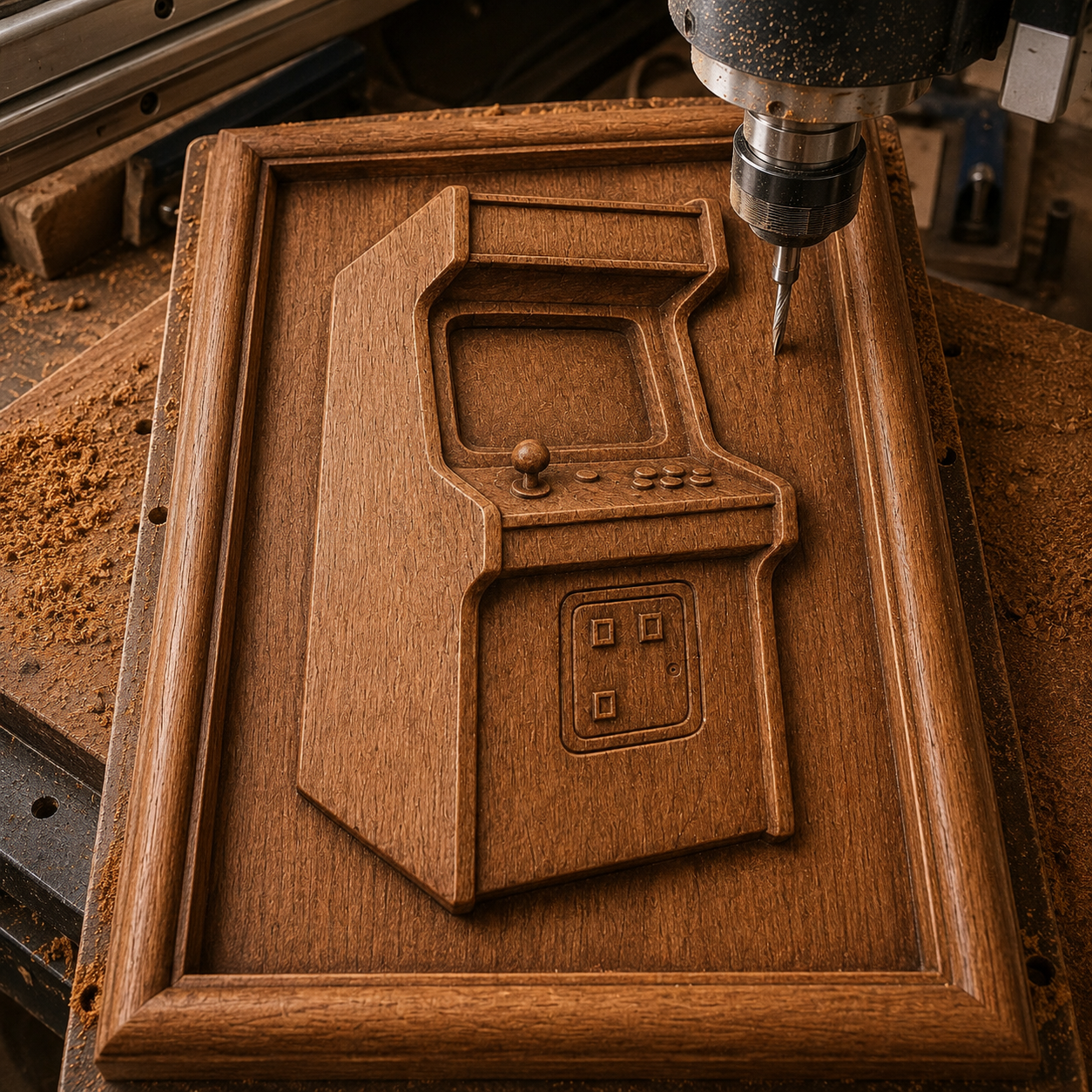 A CNC router is carving the Form Arcade "Arcade Machine Relief STL File | Retro CNC Wall Art," using advanced CNC relief carving techniques, with wood shavings scattered across the workshop table.