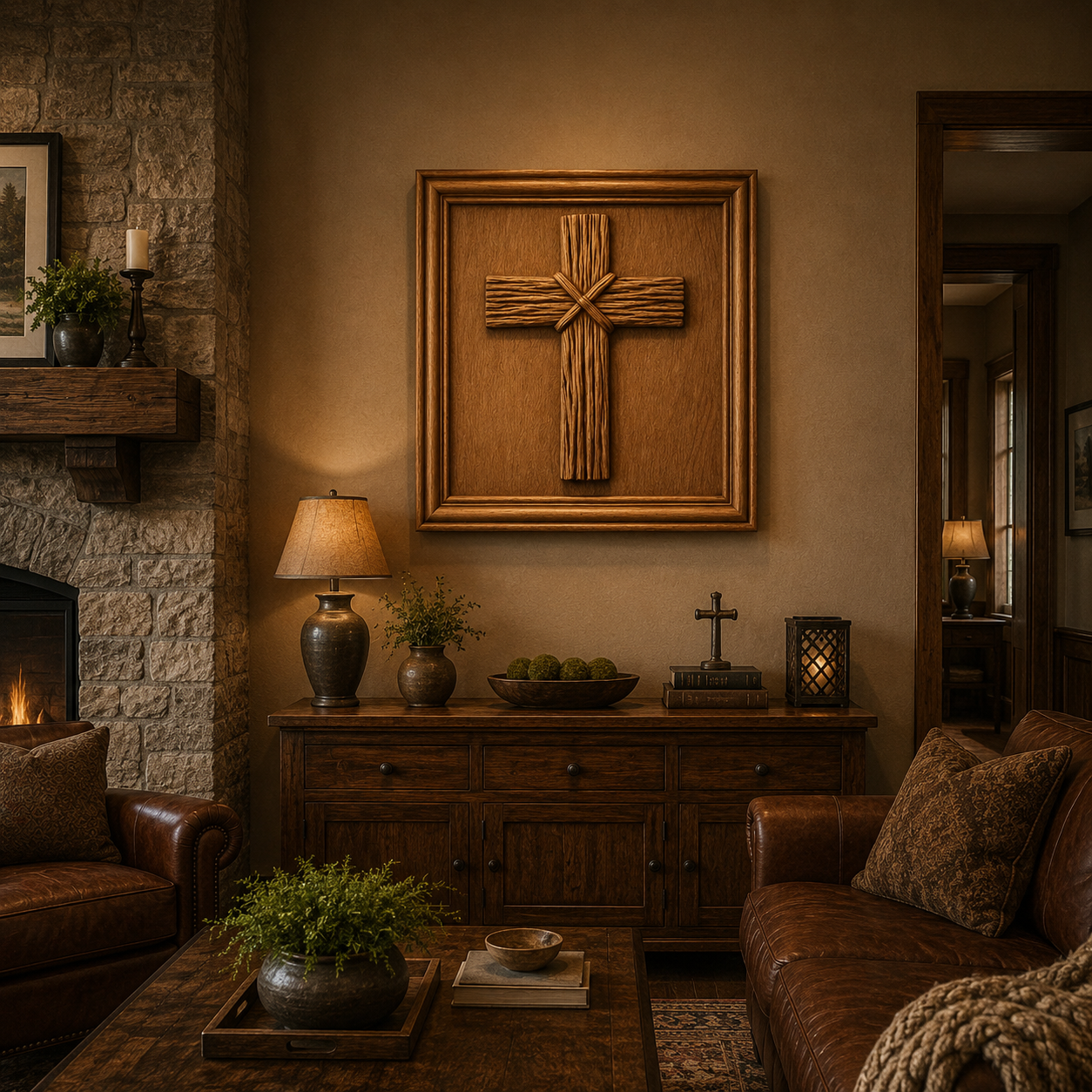 A cozy living room features leather sofas, a stone fireplace, wooden furniture, and a large Form Arcade "Christian Cross CNC Relief STL File | Religious CNC Wall Art" displayed on the wall, all warmly illuminated by lamps and natural light.