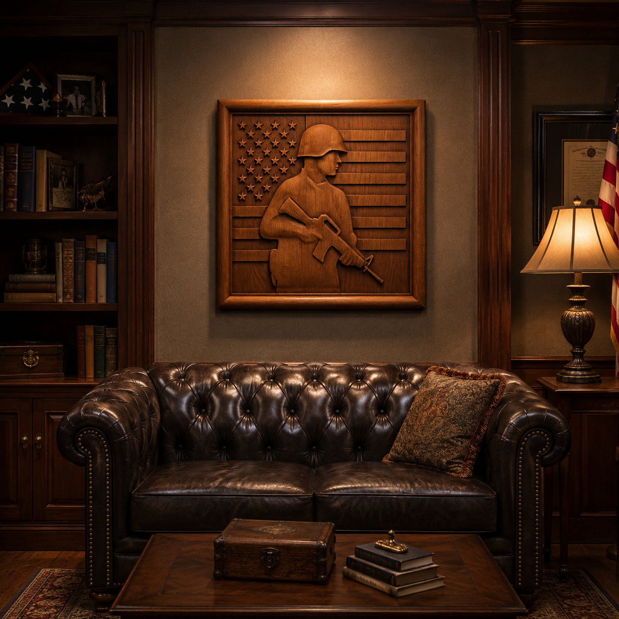 A leather couch sits in a wood-paneled room. Behind it, the Form Arcade "Soldier Flag Relief STL File | Military CNC Wall Art"—a striking carved wood artwork depicting a soldier with a rifle and an American flag—is mounted on the wall. A lamp, bookshelves, and a folded flag complete the decor.