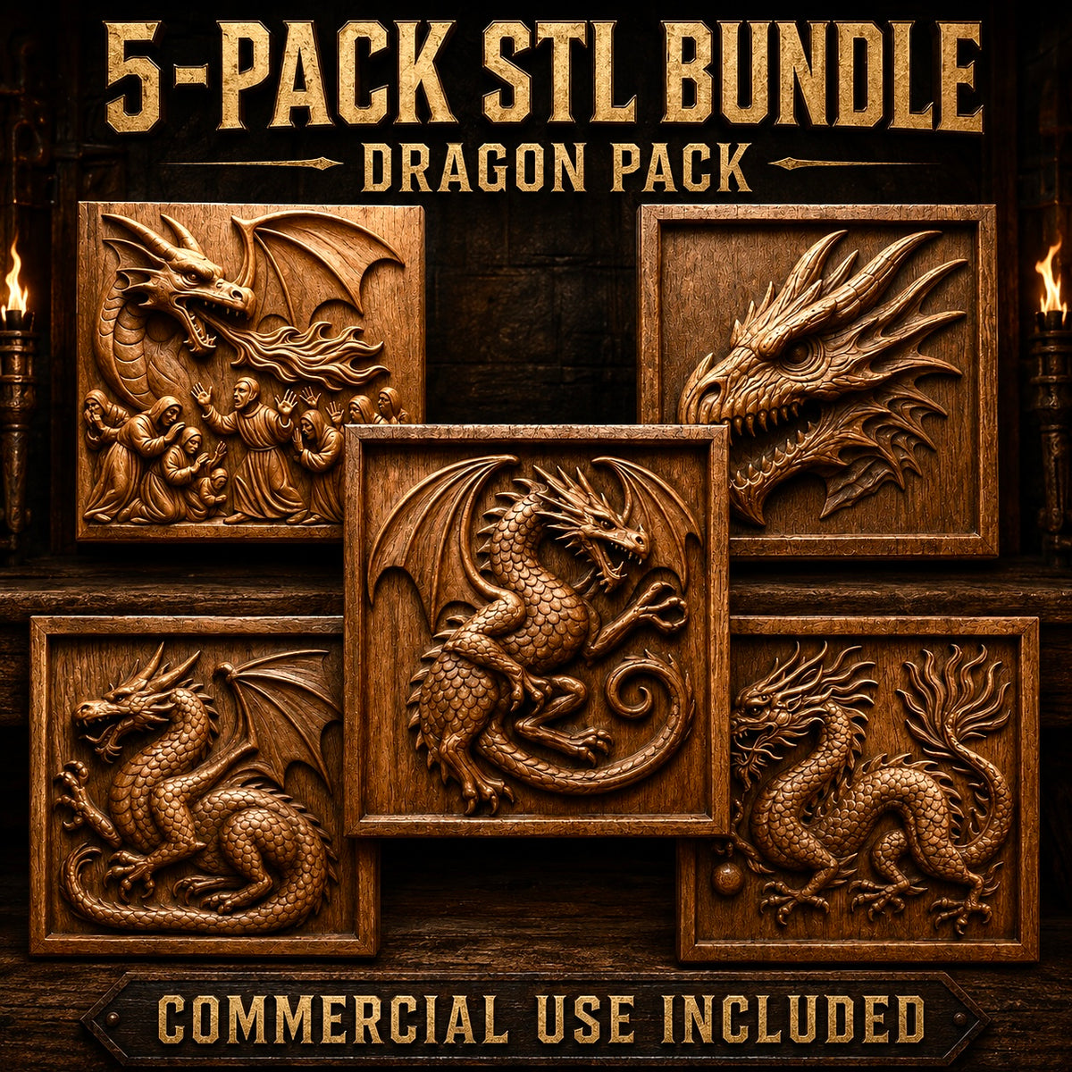 Five intricately detailed dragon relief plaques are arranged in a grid formation. Text reads, Dragon 5-Pack Relief CNC STL Bundle | Fantasy CNC Wall Art by Form Arcade—Commercial Use Included. Flickering torches in the background evoke a magical, fantasy atmosphere. Ideal for woodworking projects or CNC relief carving, each plaque is provided as an STL file and is ready for your next creative venture.