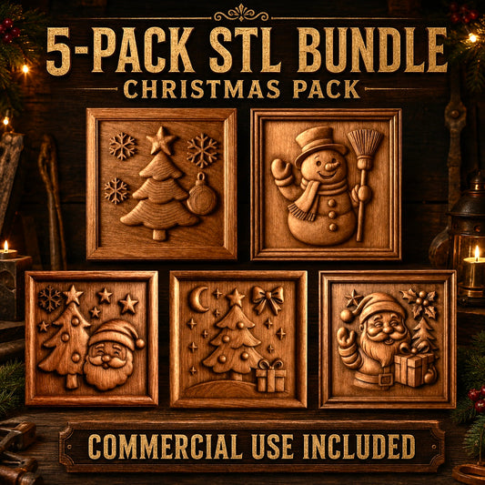 Five engraved wooden holiday-themed plaques featuring a Christmas tree, snowman, Santa Claus, and festive décor. Product: Christmas Santa Relief STL 5 Pack Bundle | Holiday CNC Wall Art by Form Arcade. Commercial use included. Perfect as Christmas wall art or for your next CNC relief STL project, with a warm and festive background.