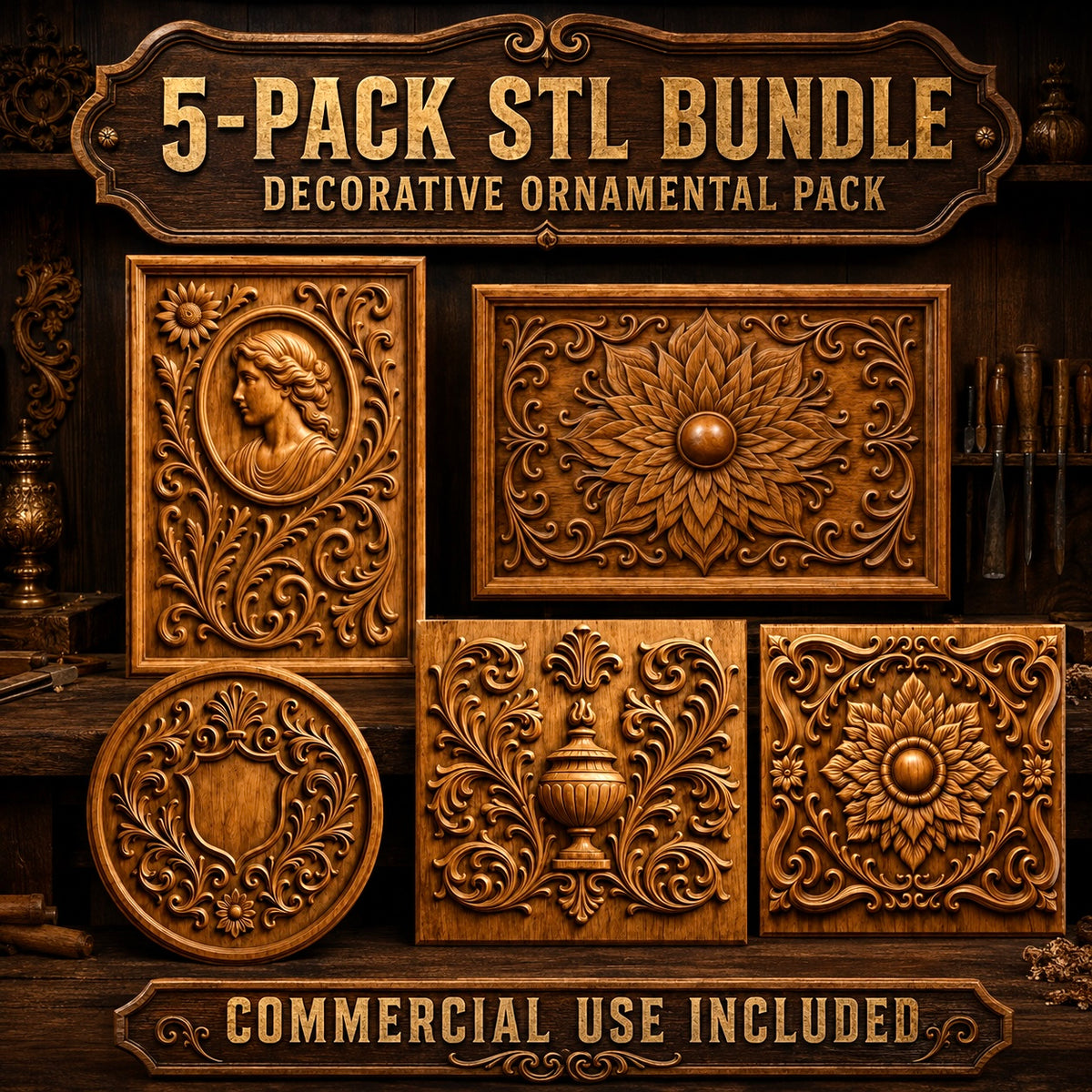 Five intricately carved decorative panels are featured in the “Decorative Ornament 5-Pack CNC STL Bundle | CNC Wall Art” by Form Arcade—a digital collection ideal for woodworking and CNC relief carving projects. The set includes floral motifs, classical portraits, and elegant urn designs. Text reads: Decorative Ornament 5-Pack CNC STL Bundle | CNC Wall Art by Form Arcade. Commercial use included.
