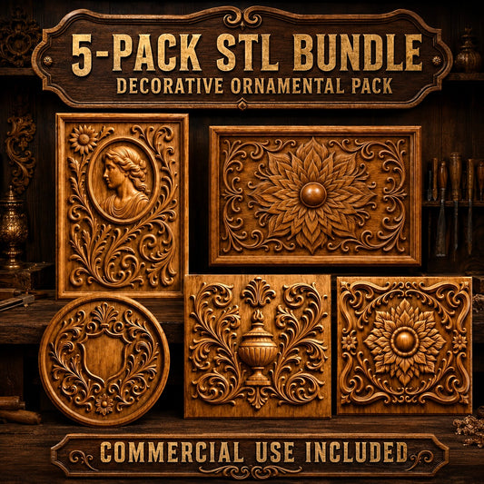 Five intricately carved decorative panels are featured in the “Decorative Ornament 5-Pack CNC STL Bundle | CNC Wall Art” by Form Arcade—a digital collection ideal for woodworking and CNC relief carving projects. The set includes floral motifs, classical portraits, and elegant urn designs. Text reads: Decorative Ornament 5-Pack CNC STL Bundle | CNC Wall Art by Form Arcade. Commercial use included.