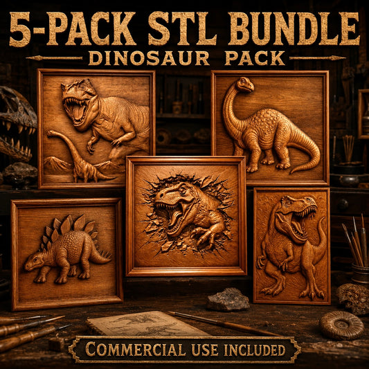Five wooden dinosaur relief carvings stand upright, each depicting a different species. Text reads “Dinosaur 5-Pack Relief Collection STL Bundle | CNC Wall Art by Form Arcade – Commercial Use Included.” Surrounding the carvings are art tools and a dinosaur skull, highlighting this distinctive CNC wall art collection.