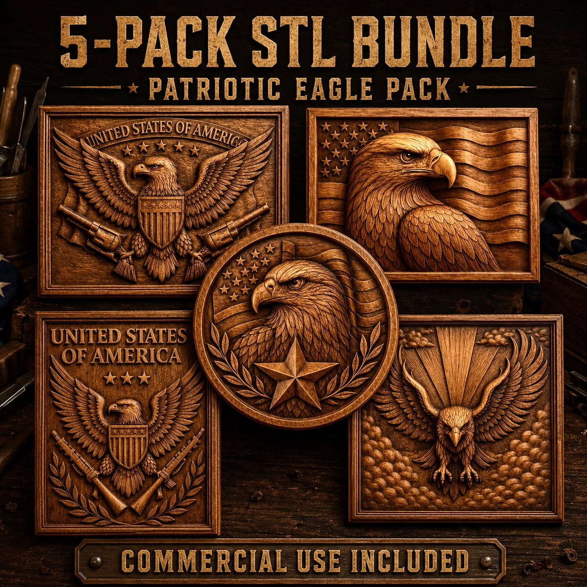 Introducing the American Eagle Relief STL 5 Pack Bundle | Patriotic CNC Wall Art by Form Arcade. This bundle includes five intricately designed wooden plaques featuring patriotic eagle motifs and U.S. emblems, with stars and flags in the background. Ideal for patriotic wall decor or as American eagle STL files for CNC relief carving—commercial use included.