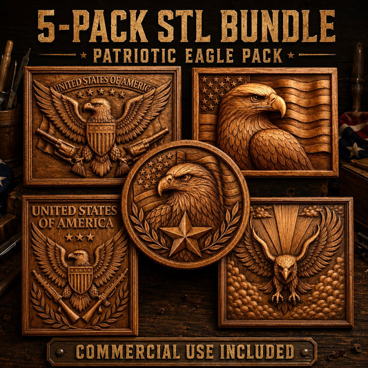 Introducing the American Eagle Relief STL 5 Pack Bundle | Patriotic CNC Wall Art by Form Arcade. This bundle includes five intricately designed wooden plaques featuring patriotic eagle motifs and U.S. emblems, with stars and flags in the background. Ideal for patriotic wall decor or as American eagle STL files for CNC relief carving—commercial use included.