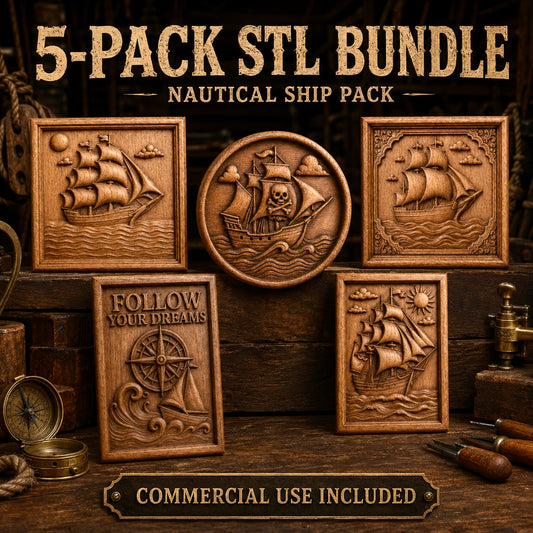 Five wooden plaques featuring intricate nautical ship carvings and a compass design are displayed in a workshop setting, showcasing detailed woodworking relief. Text reads Nautical Ship Collection 5-Pack STL Bundle | Sailing CNC Wall Art by Form Arcade, with Commercial Use Included below—ideal for CNC wall art or creating your own nautical ship STL pieces.