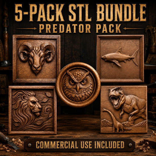 Introducing the Predator Relief 5-Pack CNC STL Bundle | Wildlife CNC Wall Art by Form Arcade: a collection of five intricately wood-carved 3D art pieces featuring a ram, shark, lion, owl, and T-Rex. Perfect for woodworking projects or CNC relief carving, this bundle offers stunning wildlife predator designs and includes commercial use rights.