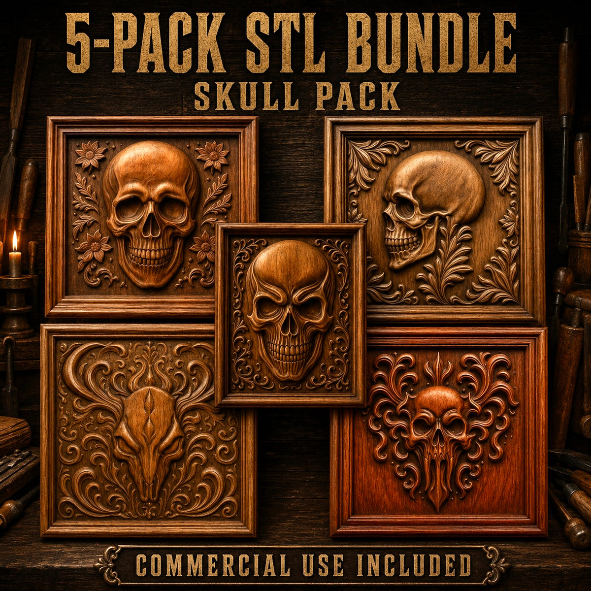 Five intricately carved wooden plaques featuring unique skull designs are showcased beneath the text “Skull Relief 5-Pack CNC STL Bundle | Gothic CNC Wall Art” by Form Arcade. Ideal for woodworking projects or relief carving, this bundle also includes Skull Coin CNC STL files. A banner at the bottom announces, “Commercial Use Included.”.