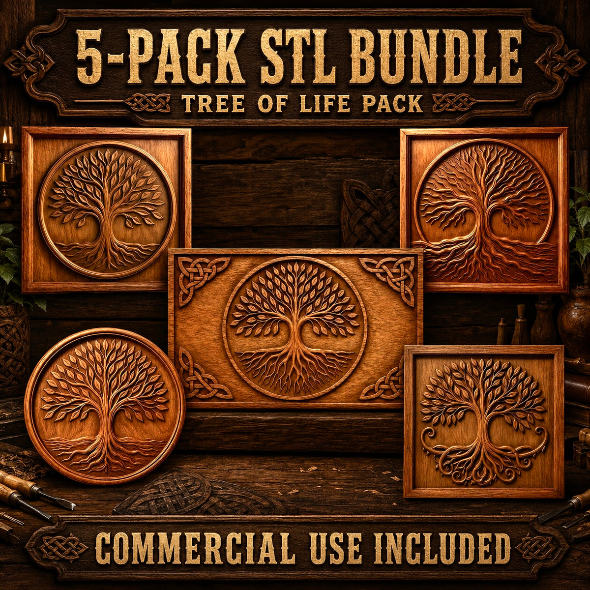 Introducing the Tree of Life Relief STL Bundle 5 Designs | CNC Wall Art Collection by Form Arcade: Five intricately shaped wooden reliefs, inspired by Celtic motifs, are featured on a dark wood background. This commercial-use bundle is ideal for woodworking wall art or Tree of Life CNC projects.