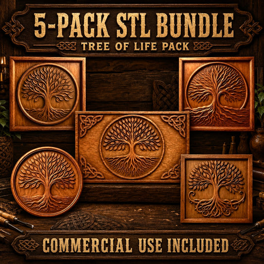 Introducing the Tree of Life Relief STL Bundle 5 Designs | CNC Wall Art Collection by Form Arcade: Five intricately shaped wooden reliefs, inspired by Celtic motifs, are featured on a dark wood background. This commercial-use bundle is ideal for woodworking wall art or Tree of Life CNC projects.