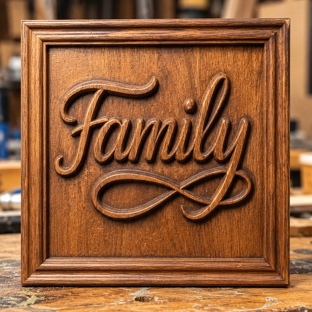 Introducing the Family Script CNC Relief STL File by Form Arcade—a digital design featuring the word “Family” elegantly carved in cursive script, complemented with a decorative infinity loop beneath it. Ideal for woodworking projects or creating unique wall art, this Family CNC Wall Art file is perfect for adding a personal touch to your space.