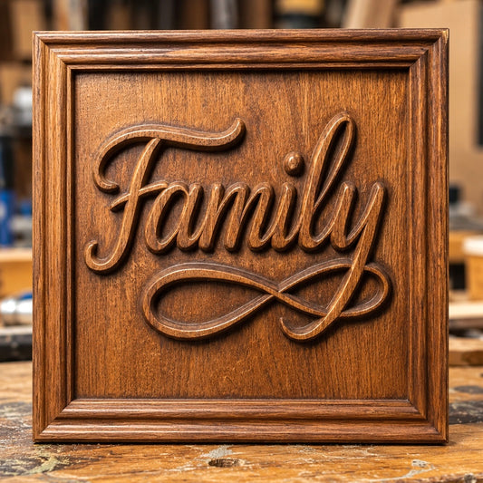 Introducing the Family Script CNC Relief STL File by Form Arcade—a digital design featuring the word “Family” elegantly carved in cursive script, complemented with a decorative infinity loop beneath it. Ideal for woodworking projects or creating unique wall art, this Family CNC Wall Art file is perfect for adding a personal touch to your space.