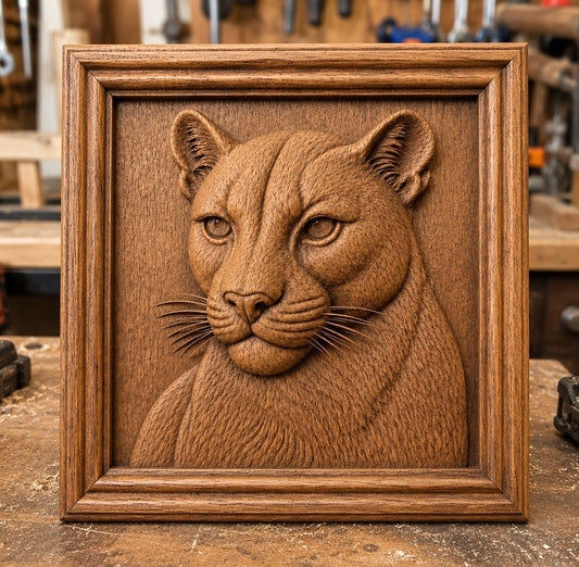 A Mountain Lion Portrait Relief by Form Arcade sits on a workbench, showcasing intricate CNC wall art and woodworking detail from the Lion Relief STL file, with workshop tools and wooden surfaces blurred in the background.