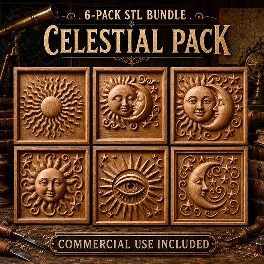 Elevate your space with the Celestial Relief STL 6-Pack Bundle | Sun Moon CNC Wall Art by Form Arcade. This collection includes six detailed wooden plaque designs featuring sun, moon, and mystical eye motifs with celestial themes—ideal as striking wall art. The bundle offers bas relief STL files for CNC relief carving projects and comes with commercial use rights. Shown in a styled setting with books and vintage decor accents.