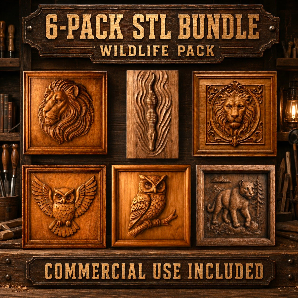 Six wooden wildlife relief carvings—a lion, snake, lion head, owl, perched owl, and bear—are displayed on a shelf with a sign reading “Wildlife Animal 6-Pack Relief STL Bundle | CNC Wall Art” by Form Arcade. Designed for woodworking enthusiasts, this bundle offers detailed CNC bas relief carving STL files and includes commercial use rights.