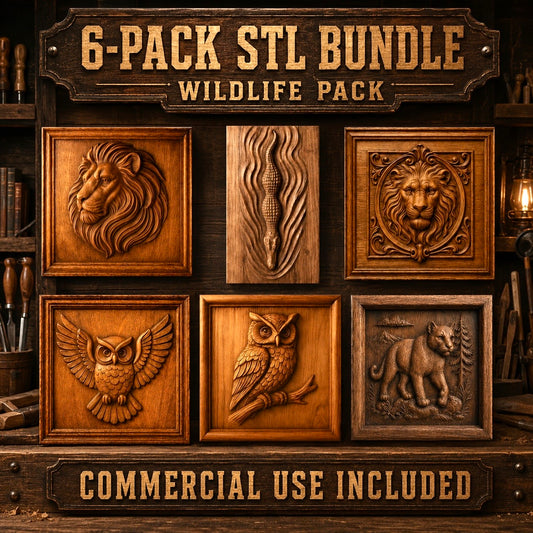 Six wooden wildlife relief carvings—a lion, snake, lion head, owl, perched owl, and bear—are displayed on a shelf with a sign reading “Wildlife Animal 6-Pack Relief STL Bundle | CNC Wall Art” by Form Arcade. Designed for woodworking enthusiasts, this bundle offers detailed CNC bas relief carving STL files and includes commercial use rights.