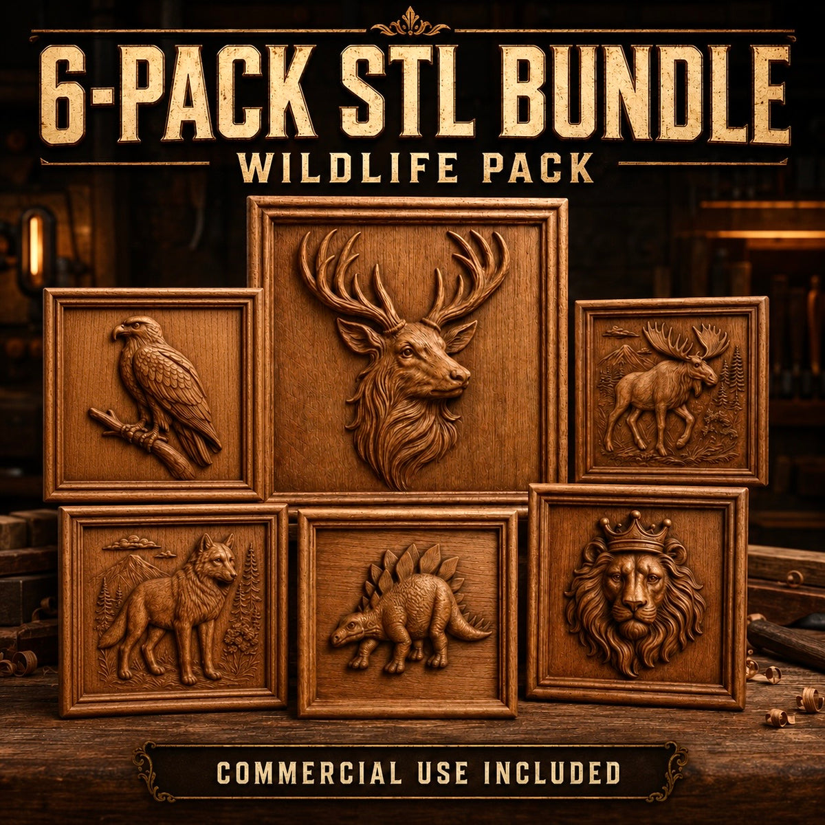 Six wooden-framed animal reliefs—featuring a deer, eagle, moose, wolf, armadillo, and crowned lion—are arranged in two rows with “Animal Portrait Collection 6-Pack STL Bundle | Wildlife CNC Relief Pack” and “Commercial Use Included” displayed above and below. Perfect for wildlife wall art or CNC relief carving projects from Form Arcade, each detailed STL showcases a unique animal portrait.