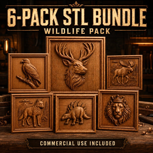 Six wooden-framed animal reliefs—featuring a deer, eagle, moose, wolf, armadillo, and crowned lion—are arranged in two rows with “Animal Portrait Collection 6-Pack STL Bundle | Wildlife CNC Relief Pack” and “Commercial Use Included” displayed above and below. Perfect for wildlife wall art or CNC relief carving projects from Form Arcade, each detailed STL showcases a unique animal portrait.