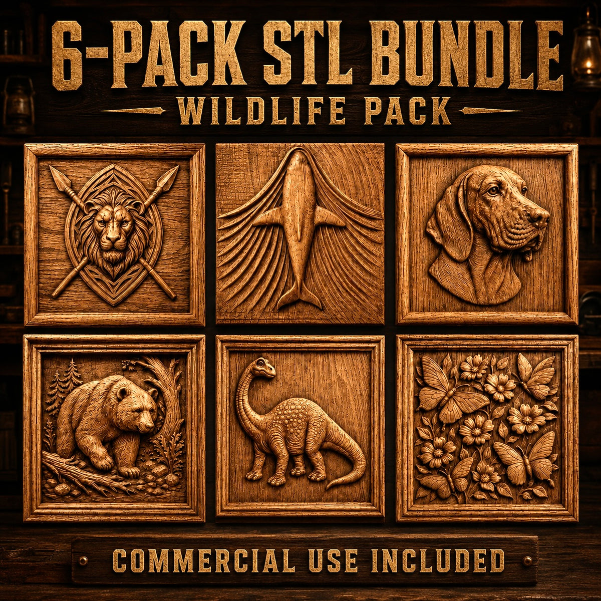 Here’s a rewritten version using your provided product data: The Form Arcade Nature & Wildlife 6-Pack Relief STL Bundle includes six intricately designed wall art files—lion, fish, dog, beaver, dinosaur, and butterflies with flowers. Perfect for woodworking or decorative CNC relief carving, this bundle features bas-relief STL files and comes with commercial use rights.