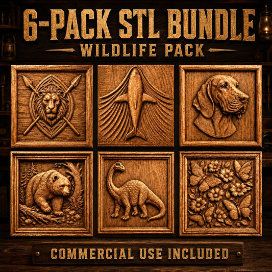 Here’s a rewritten version using your provided product data: The Form Arcade Nature & Wildlife 6-Pack Relief STL Bundle includes six intricately designed wall art files—lion, fish, dog, beaver, dinosaur, and butterflies with flowers. Perfect for woodworking or decorative CNC relief carving, this bundle features bas-relief STL files and comes with commercial use rights.