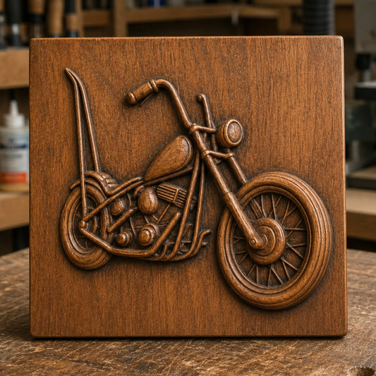 Showcase your woodworking skills with the “Chopper Motorcycle Relief STL File | Chopper CNC Wall Art” by Form Arcade—a detailed wooden relief of a chopper motorcycle on a rectangular plaque, designed for CNC or carving projects and pictured displayed on a workbench surrounded by tools and supplies in the softly blurred background.