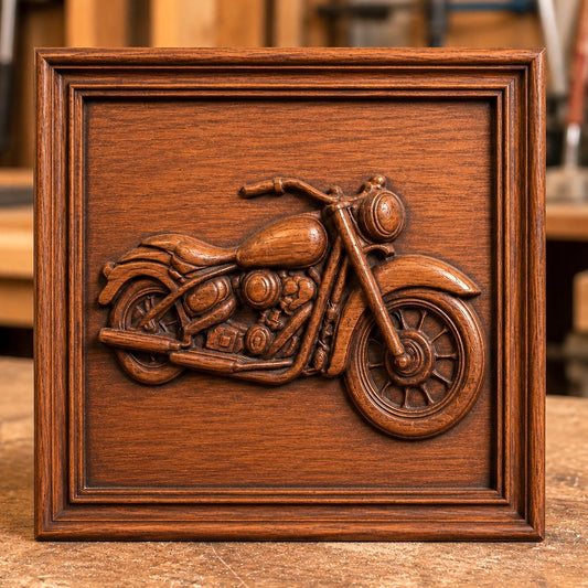 Bring a touch of craftsmanship to your space with the Classic Motorcycle CNC Relief STL File by Form Arcade—a detailed biker wall art design set within a rectangular frame, perfect for your next woodworking project or workshop décor.