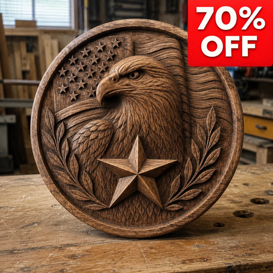 Wooden plaque with an eagle, American flag and star design on a wooden surface, with a '70% OFF' label.